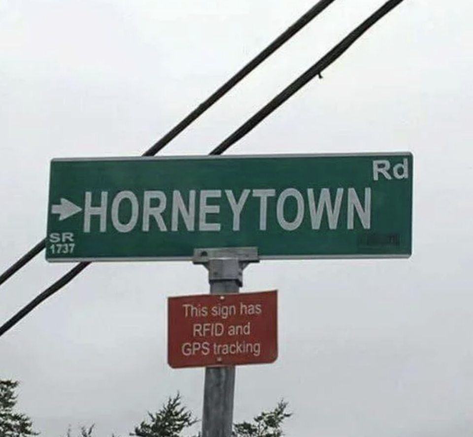 Street sign reading "Horneytown Rd" with additional sign below stating "This sign has RFID and GPS tracking."