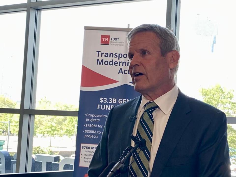 Tennessee Gov. Bill Lee speaks to reporters at Nissan Stadium on June 27, 2023.