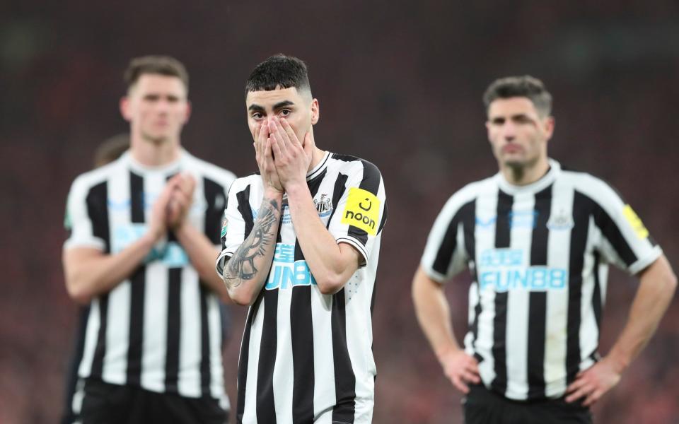 Newcastle's players after losing the Carabao Cup final - Newcastle and Manchester United could reignite rivalry of Nineties glory days - AP/Scott Heppell