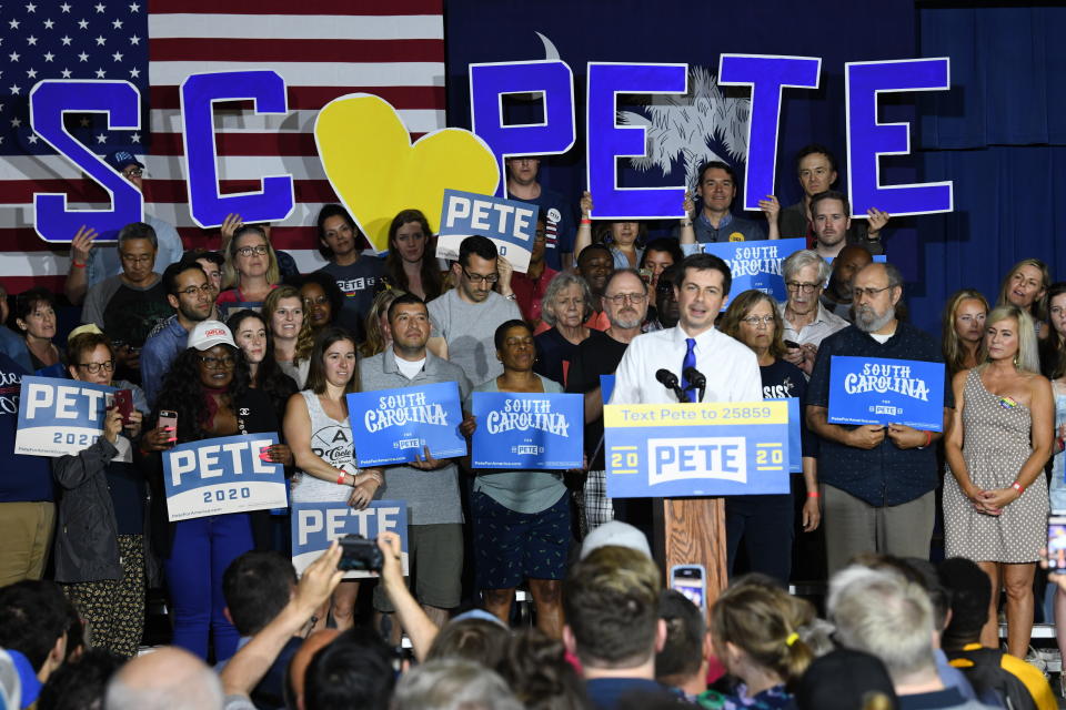 Democratic presidential contender Pete Buttigieg holds a town hall in North Charleston, South Carolina, on Sunday, May 5, 2019. Buttigieg says he's focusing on outreach to minorities, who make up most of the Democratic primary electorate in this early-voting state. (AP Photo/Meg Kinnard)