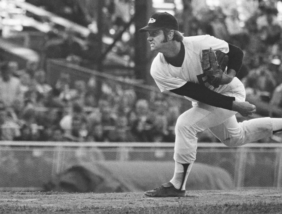 Red Wings starting pitcher Dave Leonhard faces the parent club's Baltimore Orioles in an exhibition game at Silver Stadium on August 23, 1971. 