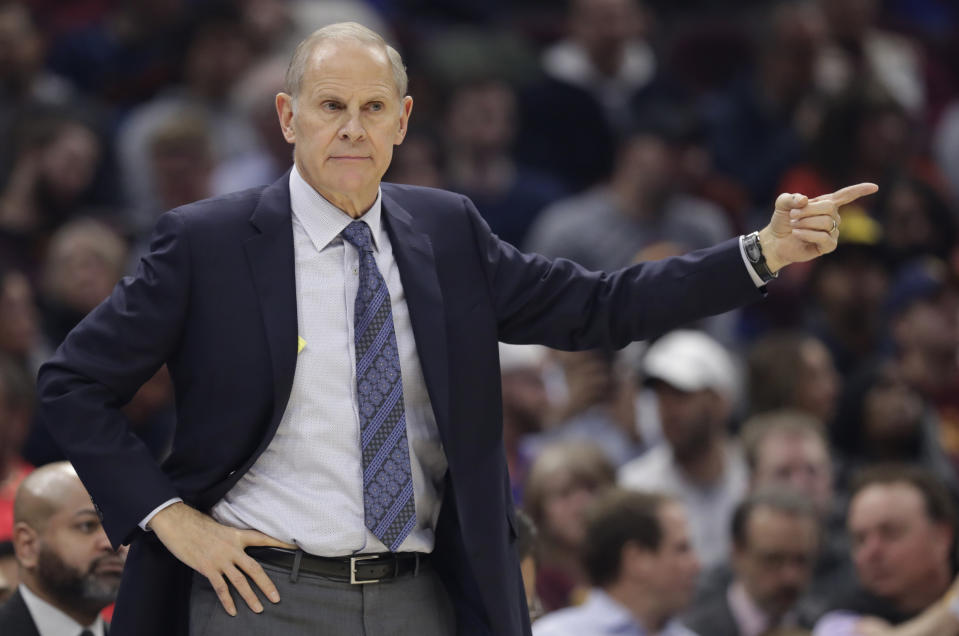 Cleveland Cavaliers head coach John Beilein gives instructions to players in the first half of an NBA basketball game against the Memphis Grizzlies, Friday, Dec. 20, 2019, in Cleveland. (AP Photo/Tony Dejak)