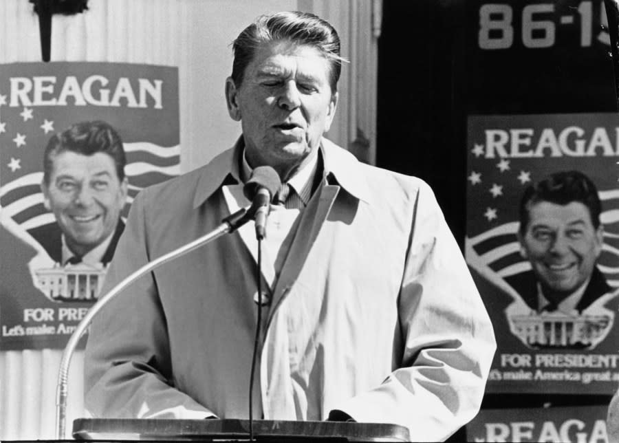 Former Governor of California Ronald Reagan making a speech during the Republican presidential primary in New York, March 1980. (Photo by Keystone/Hulton Archive/Getty Images)