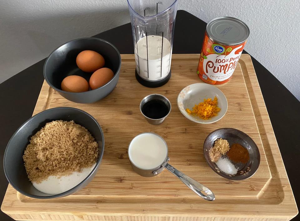 ingredients for ina gartens pumpkin pie on a cutting board