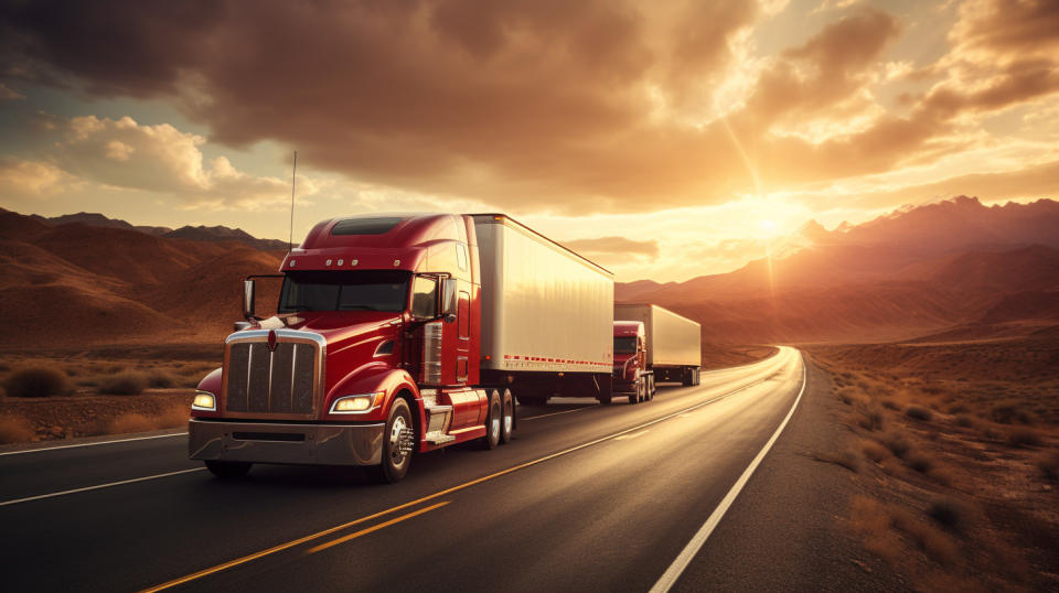 A large fleet of freight trucks travelling down an interstate highway.