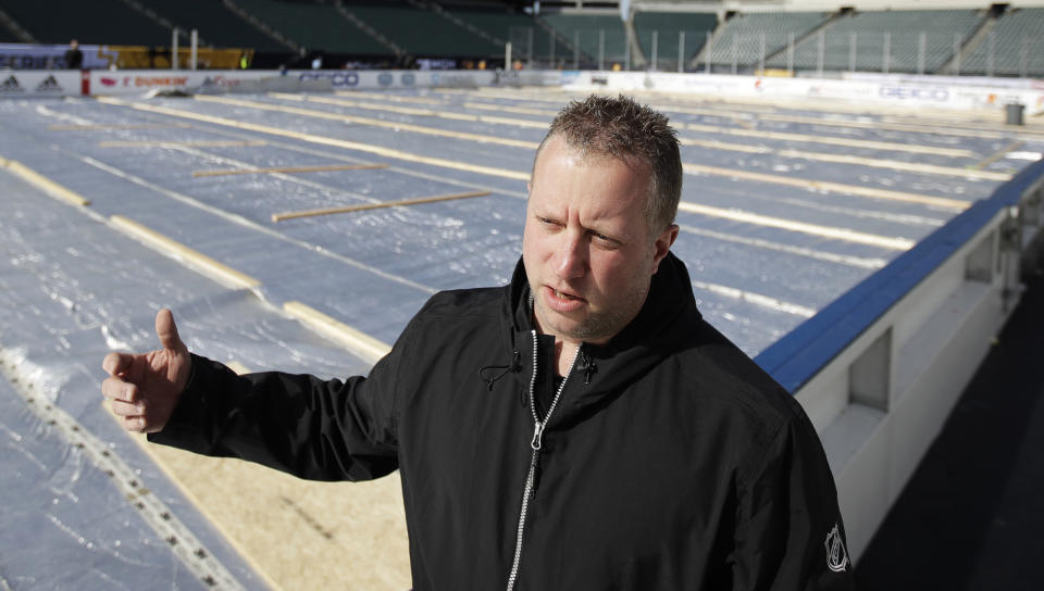 FILE - NHL senior manager of facilities operations and hockey operations Derek King speaks during an interview with The Associated Press ahead of the NHL Winter Classic hockey game between the Pittsburgh Penguins and Philadelphia Flyers, in Philadelphia, Thursday, Feb. 21, 2019. The Chicago Blackhawks fired coach Jeremy Colliton on Saturday, Nov. 6, 2021 dismissing the former NHL forward with the team off to a rough start in his fourth season. Derek King was promoted from the AHL's Rockford to replace Colliton on an interim basis. (AP Photo/Matt Rourke, File)