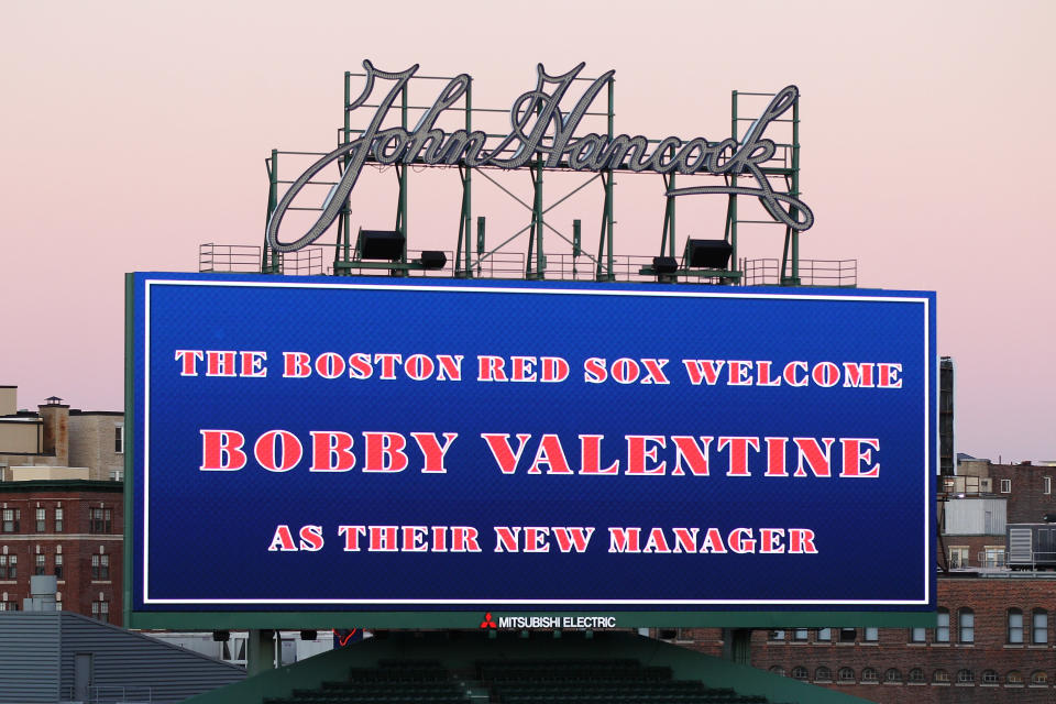 BOSTON, MA - DECEMBER 01: A message on the scoreboard welcomes Bobby Valentine as the new manager of the Boston Red Sox prior to a press conference at Fenway Park on December 1, 2011 in Boston, Massachusetts. (Photo by Elsa/Getty Images)