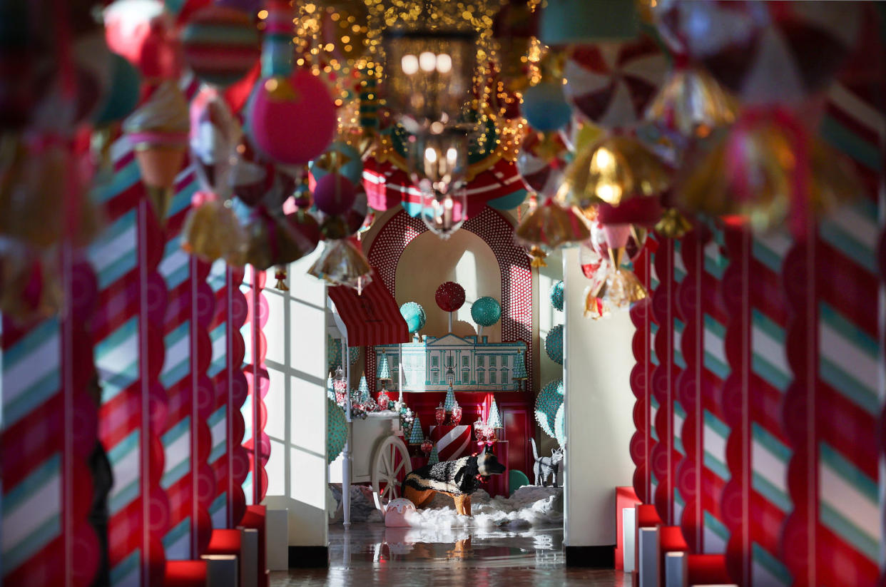 Candy-themed ornaments hand from the ceiling of the hallway between the East Wing and the Residence. (Kevin Dietsch / Getty Images)