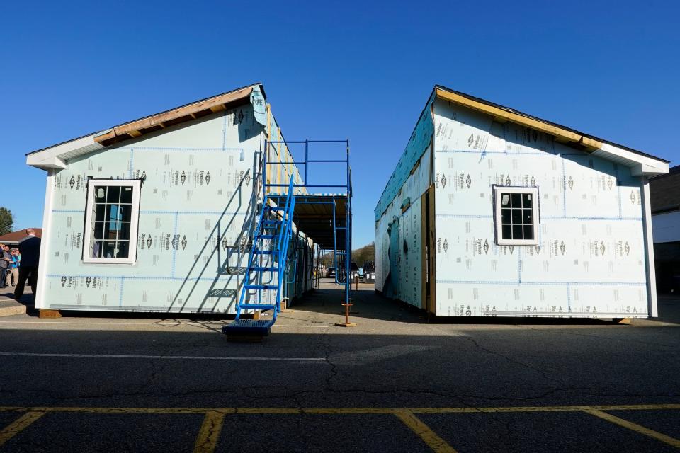 The Habitat for Humanity home will be delivered in two pieces on May 17, 2022. The home is photographed in the Roxbury High School lot on May 9.