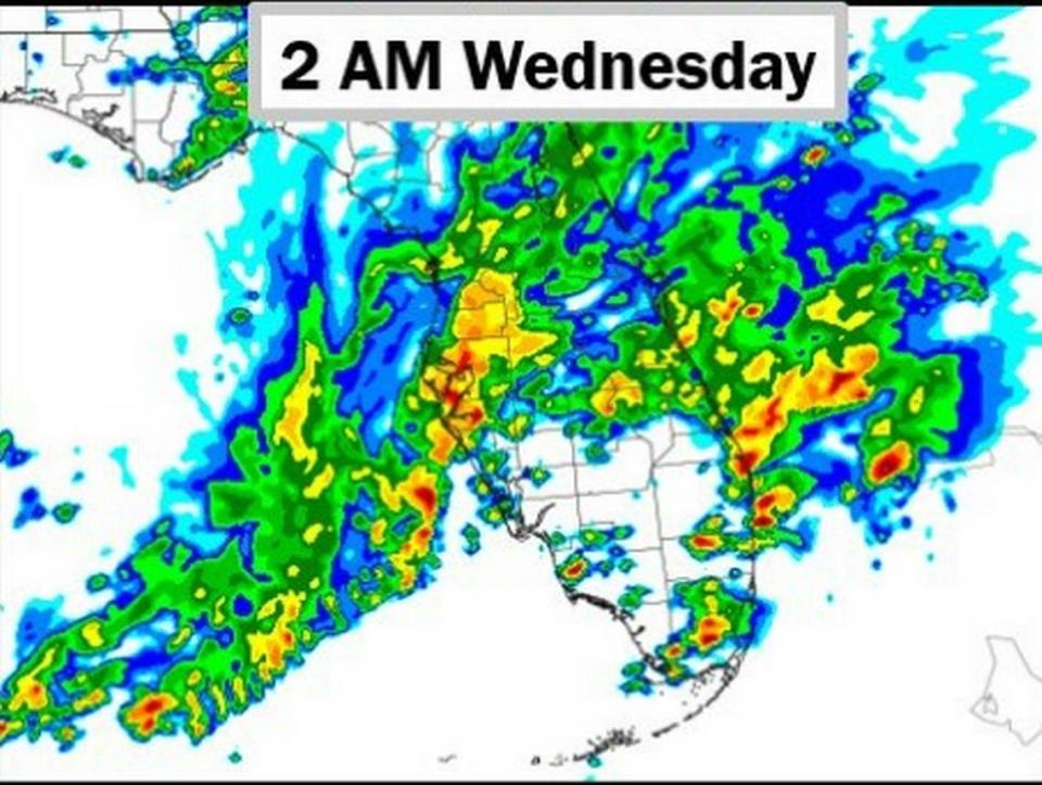 An increased chance of isolated and scattered storms is likely overnight Tuesday into Wednesday morning. A graphic created by the National Weather Service in Tampa,fl shows storms moving across the Suncoast early Wednesday morning . 03/15/2022