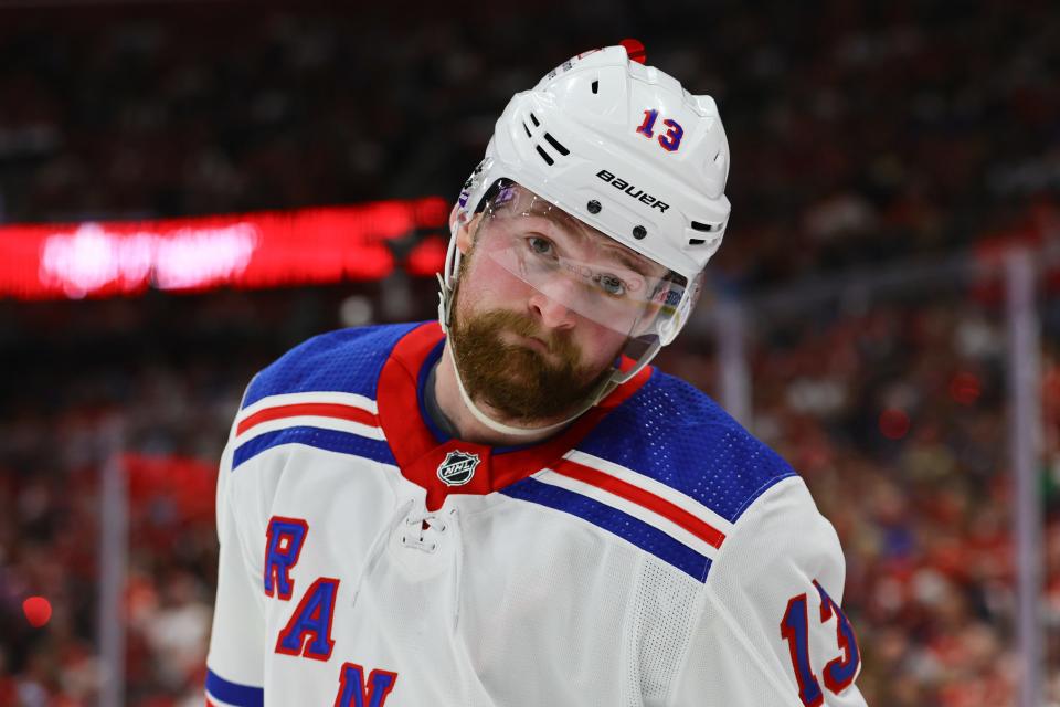 New York Rangers left wing Alexis Lafrenière (13) looks on against the Florida Panthers during the second period in Game 3.