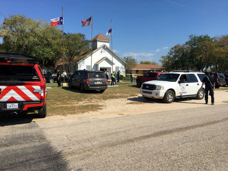 REFILE - ADDING DISCLAIMER The area around a site of a mass shooting is taped out in Sutherland Springs, Texas, U.S., November 5, 2017, in this picture obtained via social media. MAX MASSEY/ KSAT 12/via REUTERS