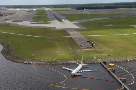 Aerial view of the Miami Air International Boeing 737-800 that overran the runway at NAS Jacksonville and came to rest in the St Johns River in Jacksonville, Florida, U.S., May 4, 2019. NTSB/Handout via REUTERS