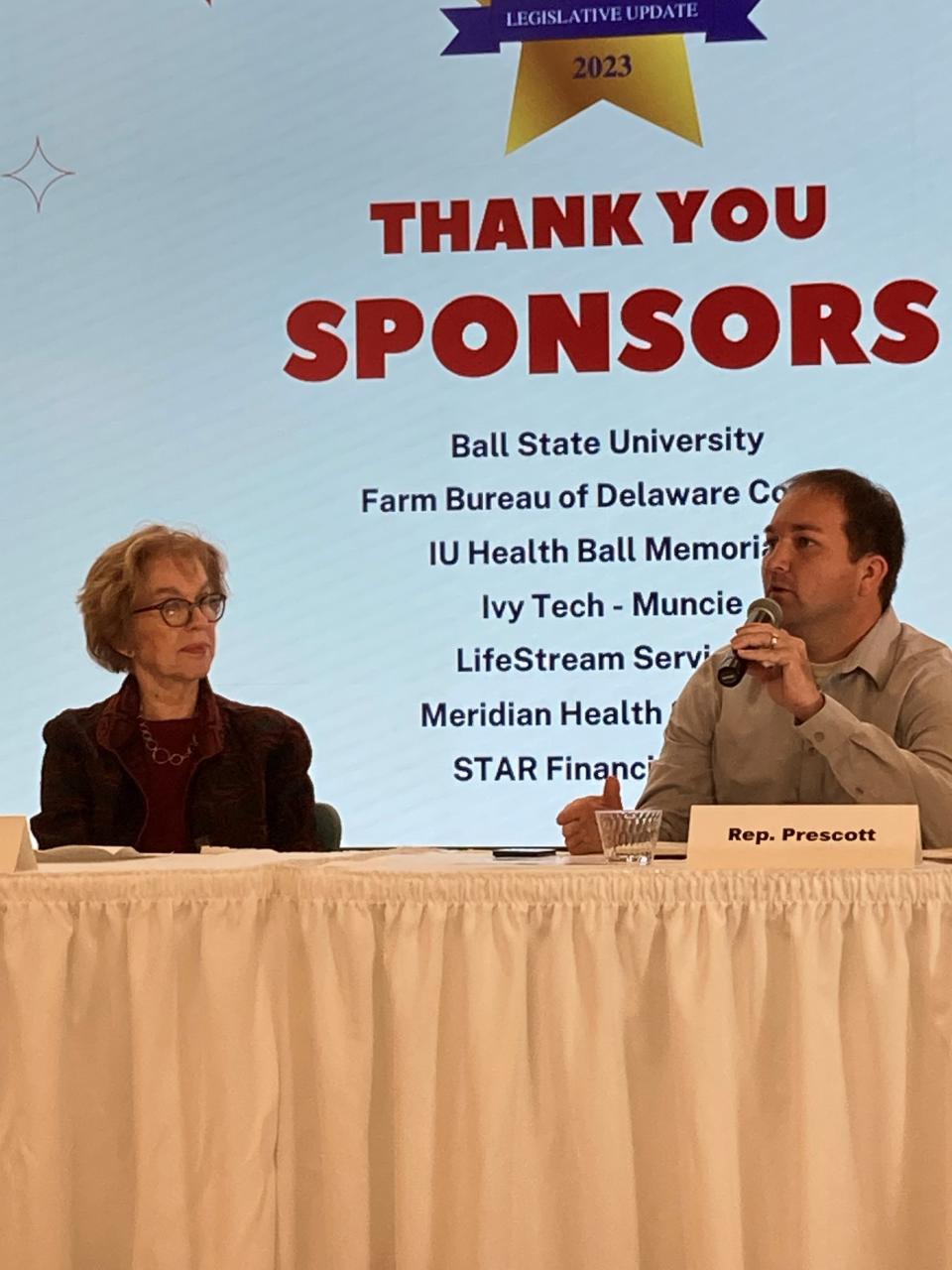 State Rep. Sue Errington, D--Muncie (right) listens to State Rep. J.D. Prescott, R-Union City, discuss early action in the Indiana General Assembly Friday during a Legislative Update sponsored by the Muncie-Delaware County Chamber of Commerce. The event was conducted at the Ivy Tech Fisher Building downtown.