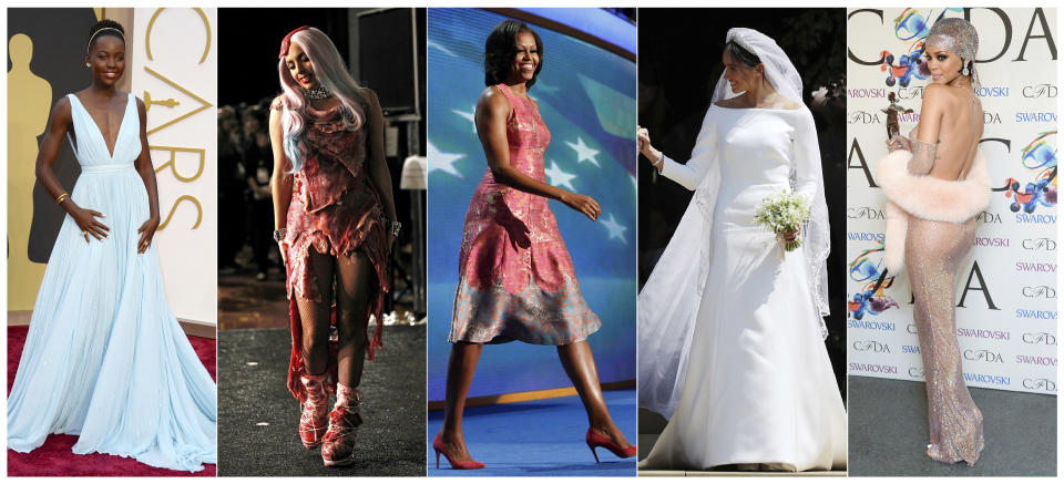 This combination photo shows, from left, Lupita Nyong'o at the Oscars in Los Angeles on March 2, 2014, singer Lady Gaga wearing a dress made of meat at the MTV Video Music Awards in Los Angeles on Sept. 12, 2010, first lady Michelle Obama wearing a Tracy Reese dress at the Democratic National Convention in Charlotte, N.C. on Sept. 4, 2012, Meghan Markle at St George's Chapel at Windsor Castle in Windsor, near London, England, following her wedding to Britain's Prince Harry, and Fashion Icon Award honoree Rihanna at the 2014 CFDA Fashion Awards in New York on June 2, 2014. (AP Photo)