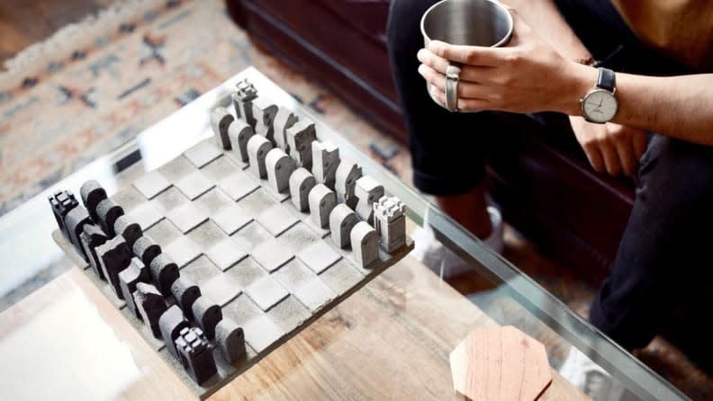 This is a chess set made of concrete. Really.