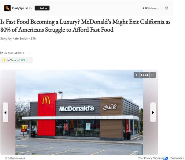 An online article claimed McDonald's was reportedly leaving California due to the minimum wage hike to 20 dollars an hour enacted by a new law in the state.