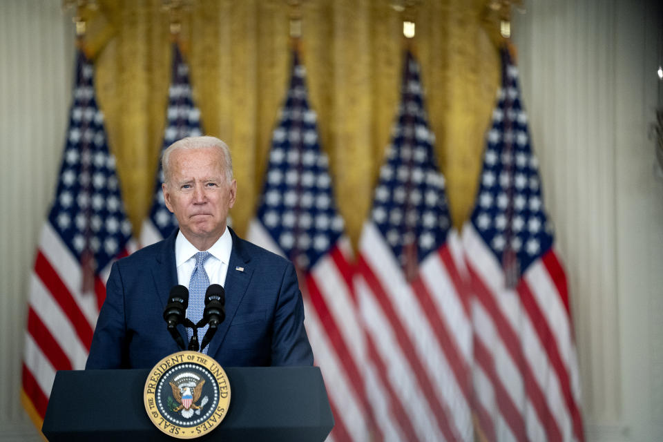 El presidente Joe Biden habla en la Sala Este de la Casa Blanca en Washington, el jueves 12 de agosto de 2021. (Stefani Reynolds/The New York Times)