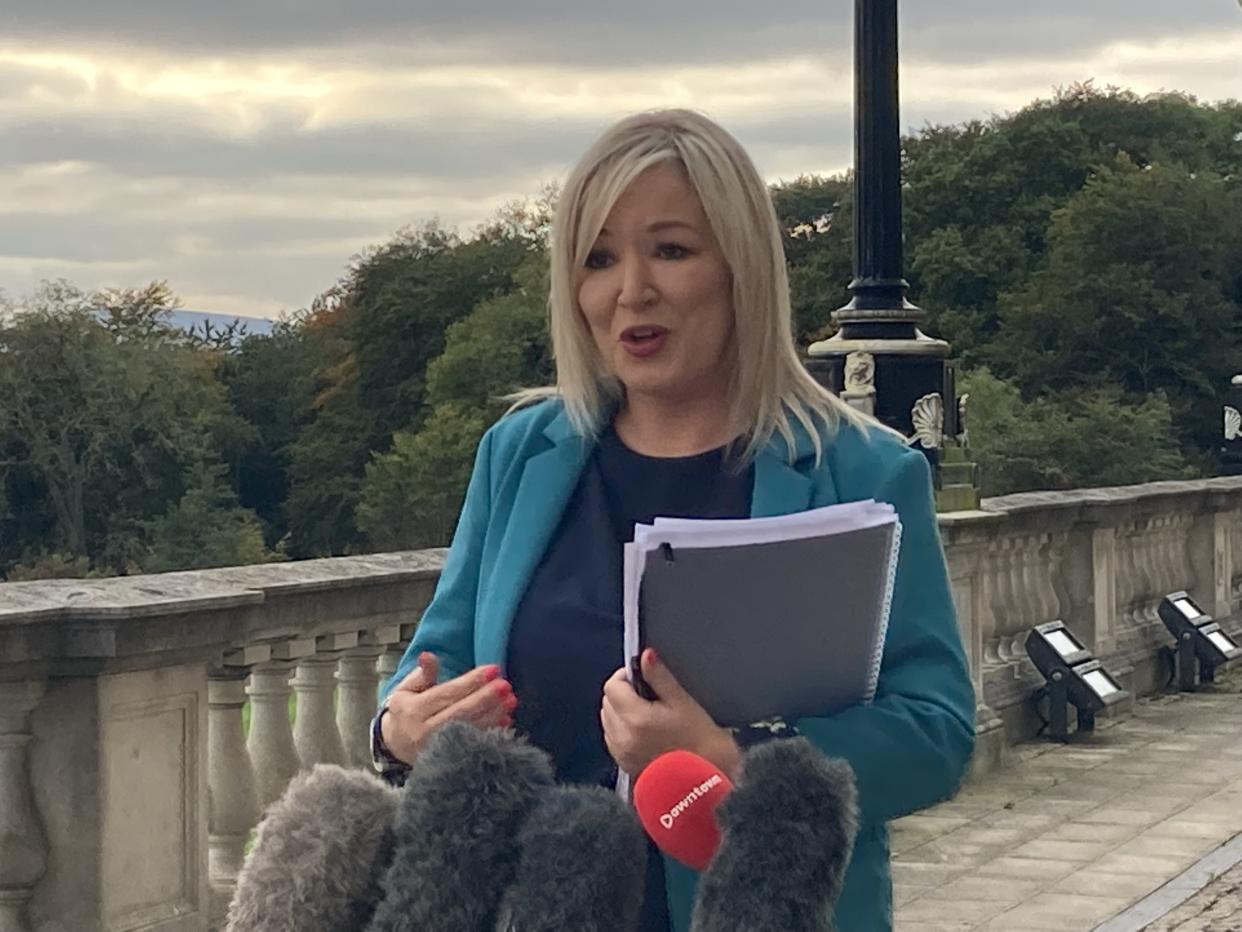 Sinn Fein vice president Michelle O’Neill speaks to reporters at Stormont (Rebecca Black/PA)