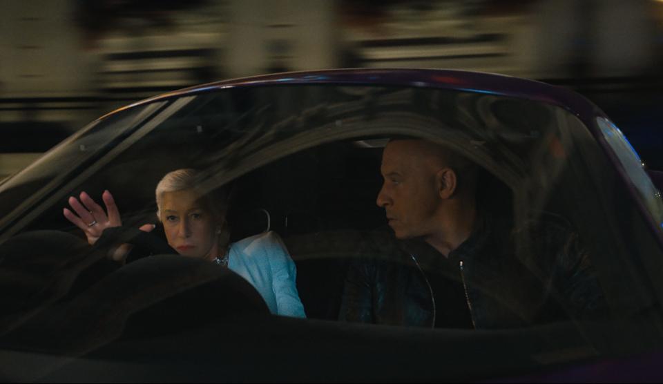 (from left) Queenie (Helen Mirren) and Dom (Vin Diesel) in F9, co-written and directed by Justin Lin. - Credit: Universal