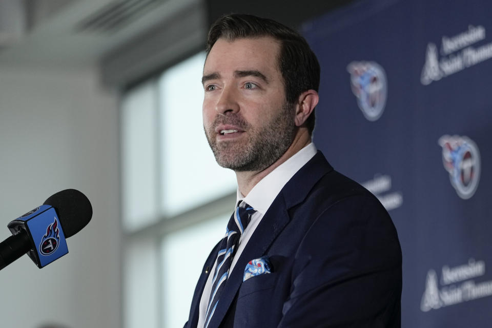 Tennessee Titans new head football coach Brian Callahan speaks during his introductory news conference at the NFL team's training facility Thursday, Jan. 25, 2024, in Nashville, Tenn. (AP Photo/George Walker IV)