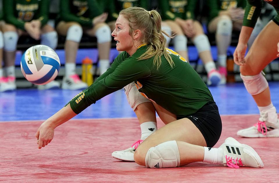 Ella Haven of Northwestern makes a dig during the State High School Volleyball Tournament that ended Saturday, Nov. 19, 2022 in the Denny Sanford PREMIER Center at Sioux Falls.