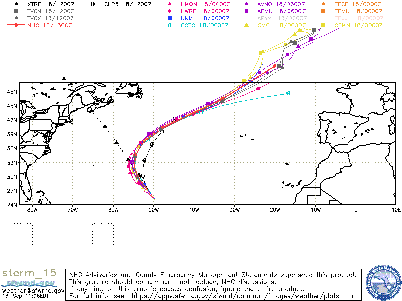 The predicted spaghetti model of Hurricane Nigel in the Atlantic Ocean. The storm will most likely veer off into the middle of the Atlantic on Wednesday (South Florida Water Management District)