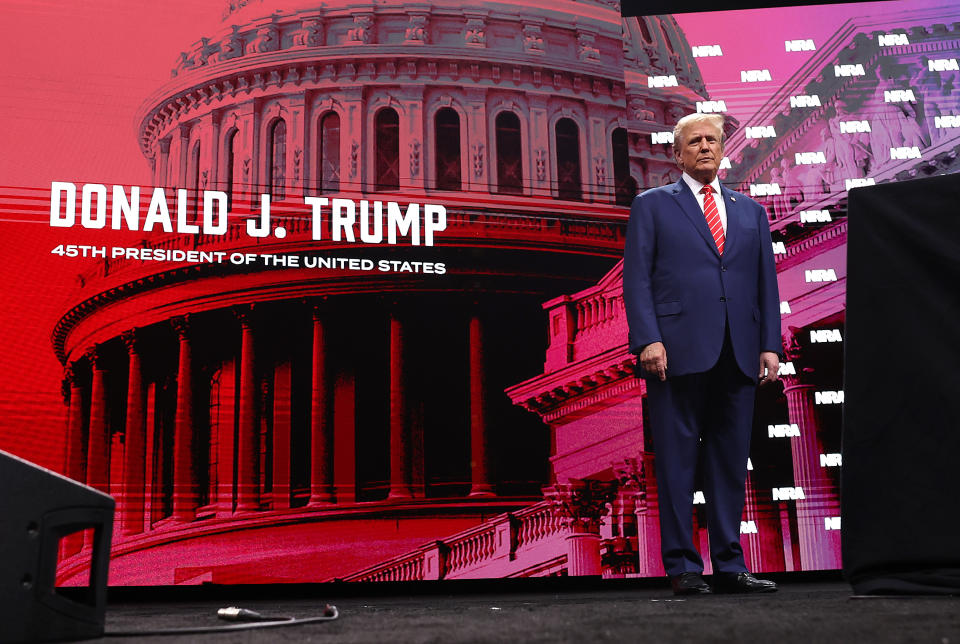 DALLAS, TEXAS - MAY 18: Former U.S. President Donald Trump speaks during the NRA ILA Leadership Forum at the National Rifle Association (NRA) Annual Meeting & Exhibits at the Kay Bailey Hutchison Convention Center on May 18, 2024 in Dallas, Texas. The National Rifle Association's annual meeting and exhibit runs through Sunday. (Photo by Justin Sullivan/Getty Images)