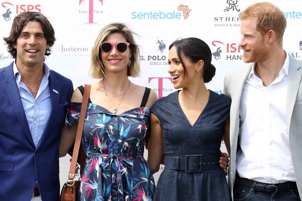 <p>Chris Jackson/Getty</p> Sentebale Ambassador Nacho Figuares, wife Delfina Blaquier, Meghan Duchess of Sussex and Prince Harry, Duke of Sussex arrive for the Sentebale Polo 2018