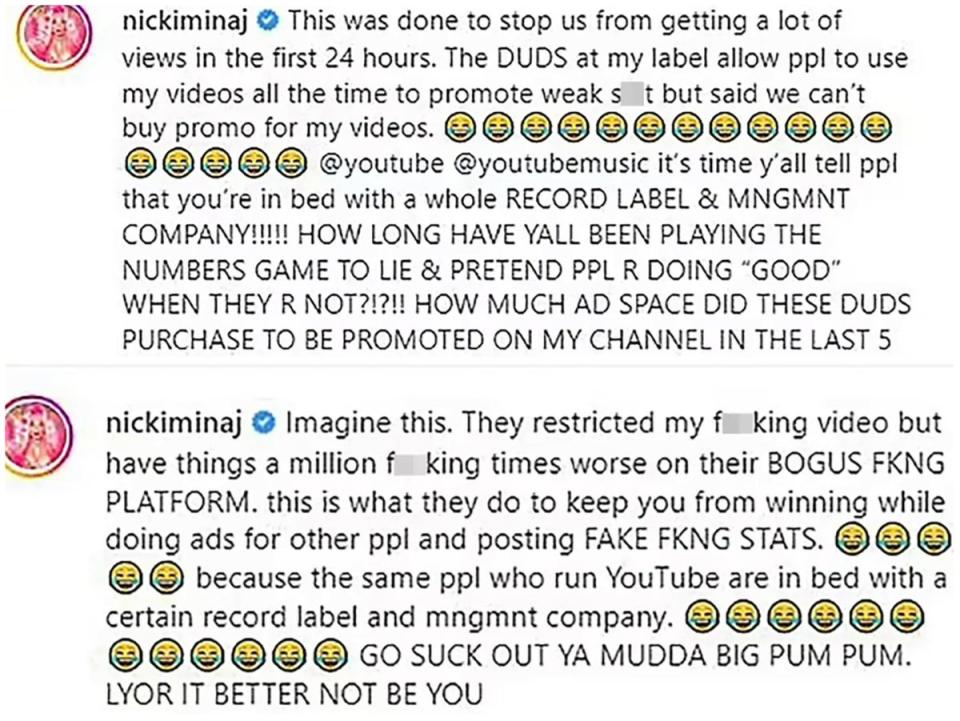 Nicki Minaj Instagram YouTube post (nickiminaj/Instagram screenshot)