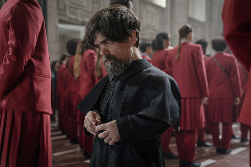 This image released by Lionsgate shows Peter Dinklage in a scene from "The Hunger Games: The Ballad of Songbirds and Snakes." (Lionsgate via AP)