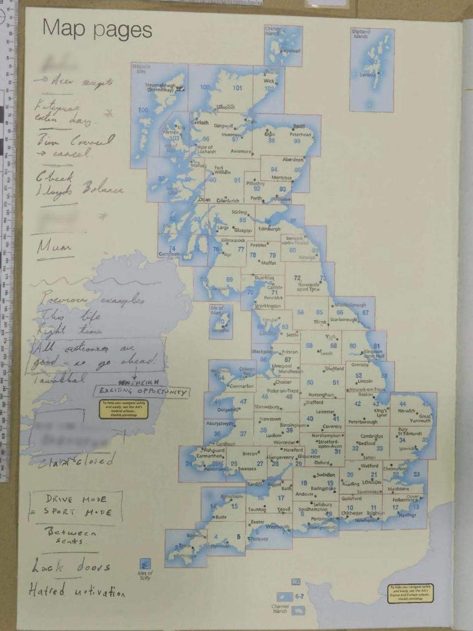 Notes written on a road atlas by Westminster attacker Khalid Masood in the days before the attack (Metropolitan Police)