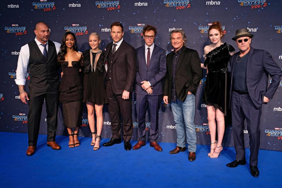 Screening: (L-R) David Bautista, Zoe Saldana, Pom Klementieff, Chris Pratt, James Gunn, Kurt Russell, Karen Gillan and Michael Rooker: Dave Benett