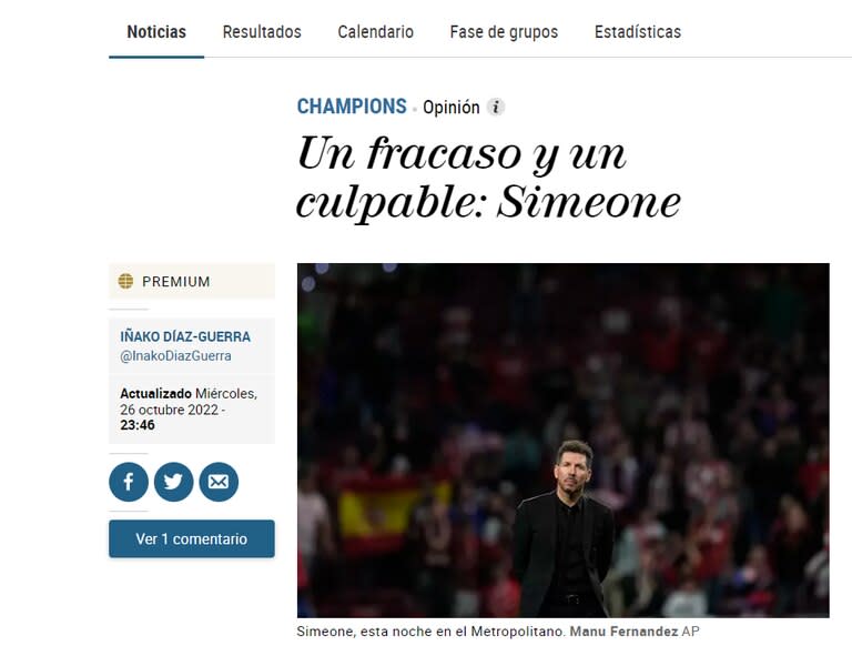 La eliminación de la Champions trajo críticas: el editorial del diario El Mundo, de España, acusó a Simeone