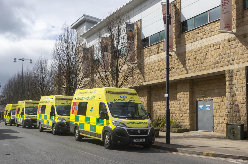 Ambulances outside the Harrogate Convention Centre that is being converted to take up to 500 patients from Yorkshire and the north-east of England, as the UK continues in lockdown to help curb the spread of the coronavirus.