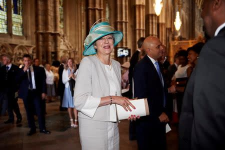 Britain's Prime Minister Theresa May leaves after a Service of Thanksgiving to mark the 70th anniversary of the landing of the Windrush, at Westminster Abbey, London, Britain, June 22, 2018. Niklas Halle'n/Pool via REUTERS