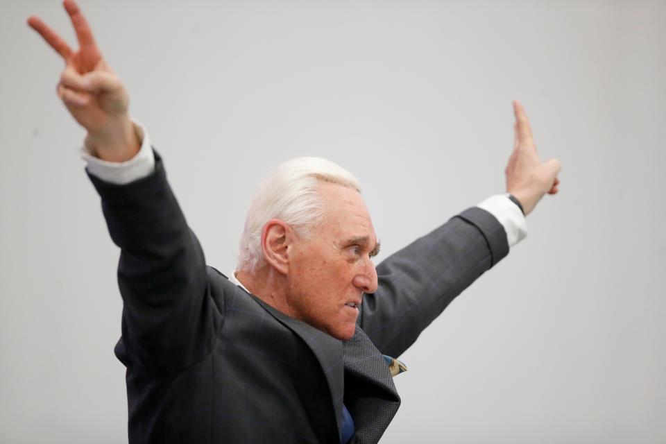 Roger Stone speaks during a rally in Oklahoma City on March 4.