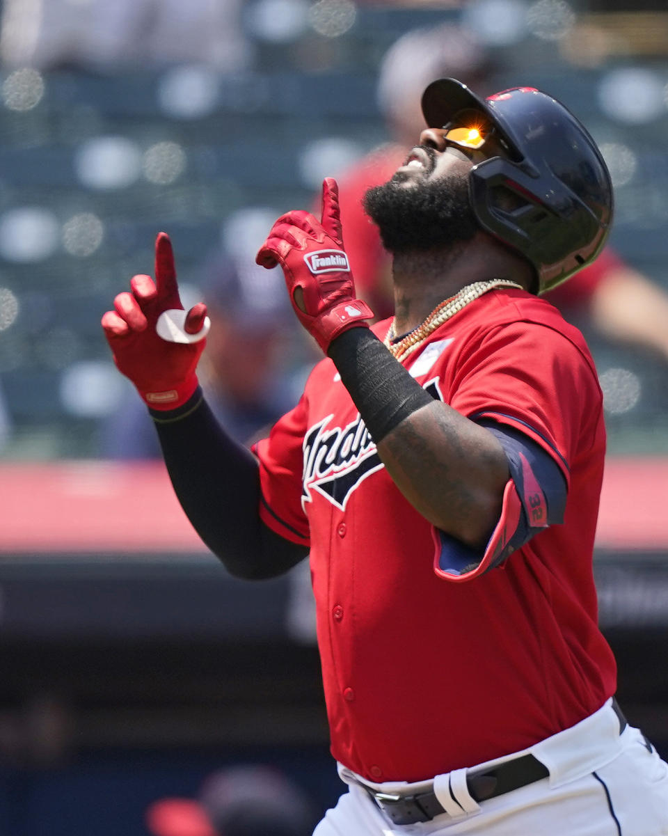 Cleveland Indians' Franmil Reyes celebrates after hitting a solo home run in the second inning of a baseball game against the St. Louis Cardinals, Wednesday, July 28, 2021, in Cleveland. (AP Photo/Tony Dejak)