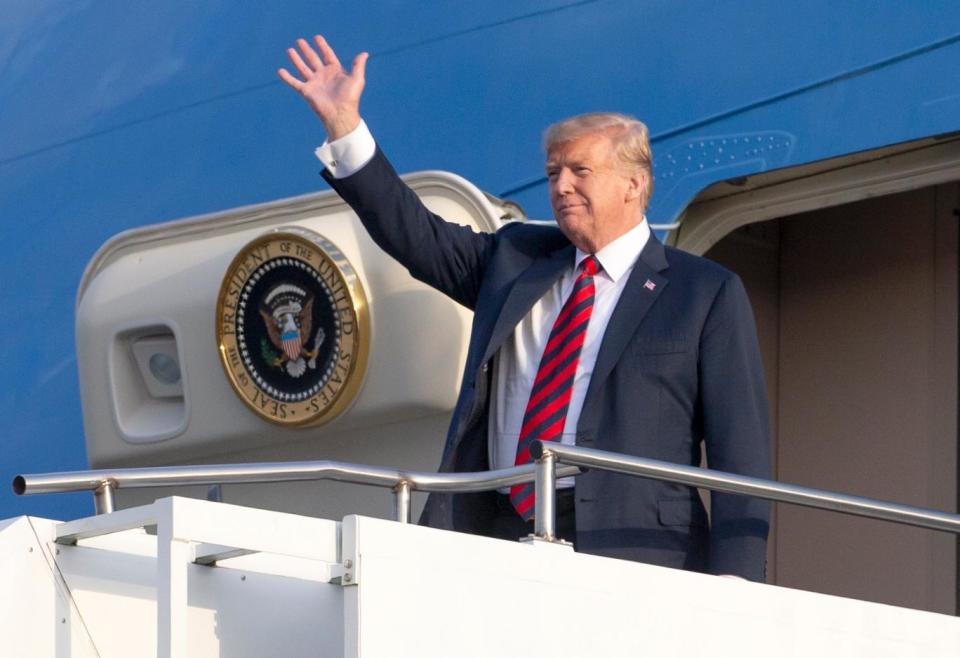 US President Donald Trump arrives on Air Force One at Prestwick Airport during his UK stay (PA)