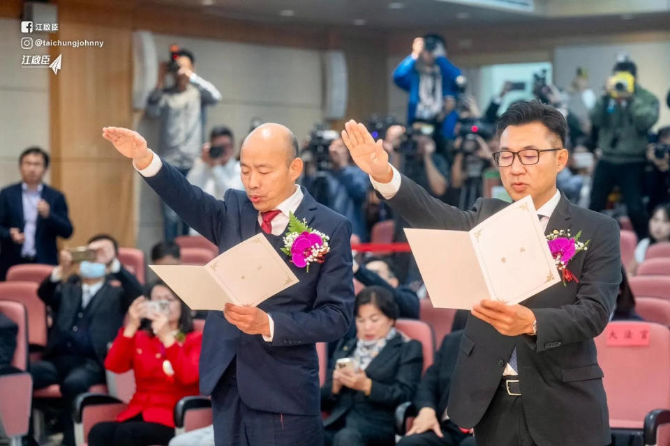 <strong>韓國瑜宣誓就職立法院長時，強調新任立院秘書長一定要「超越黨派」，親自拜訪周萬來出任。（圖／翻攝江啟臣臉書）</strong>