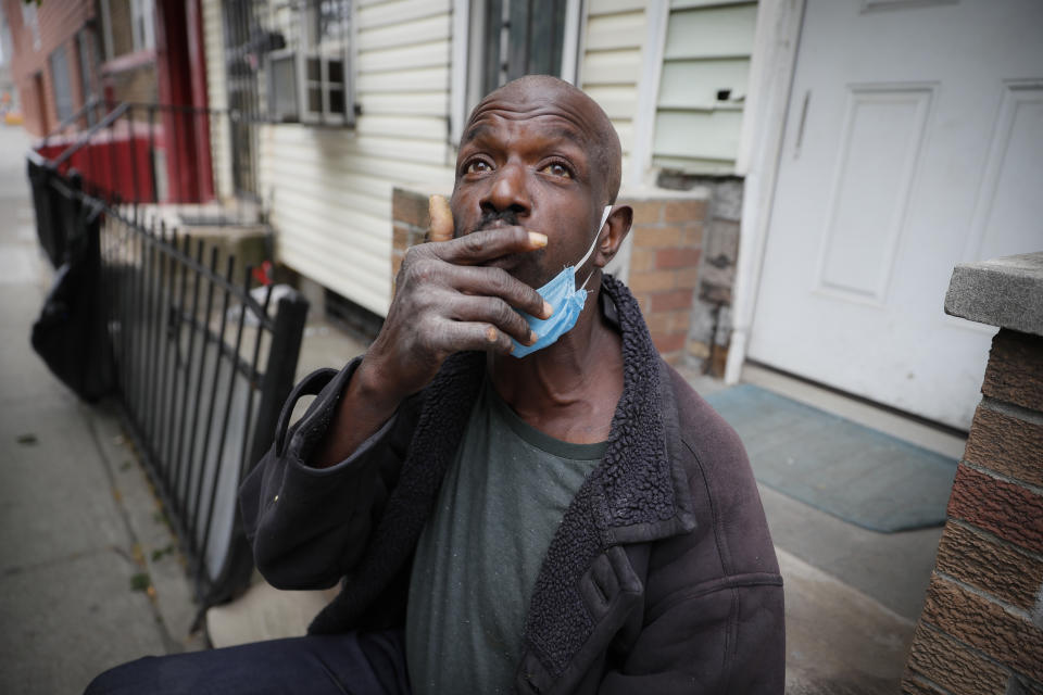 Aubrey, 57, describes the loneliness brought on by social distancing protocols after receiving a dose of antipsychotic medication to treat his schizophrenia, Wednesday, May 6, 2020, in the Brooklyn borough of New York. Even before the pandemic, access to mental health services in the U.S. could be difficult, including for people with insurance. Now experts fear COVID-19 will make the situation worse. (AP Photo/John Minchillo)