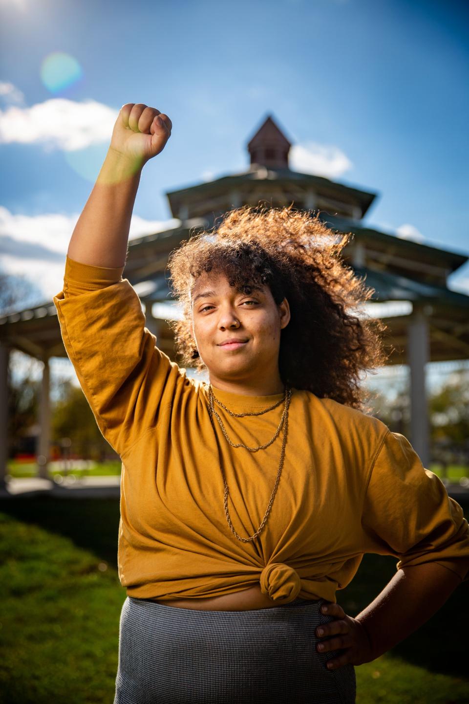 City Council member-elect Indira Sheumaker stands for a photo at Evelyn K. Davis Park in Des Moines, Thursday, Nov. 4, 2021. Sheumaker defeated incumbent Bill Gray in the Des Moines City Council's Ward 1 race.