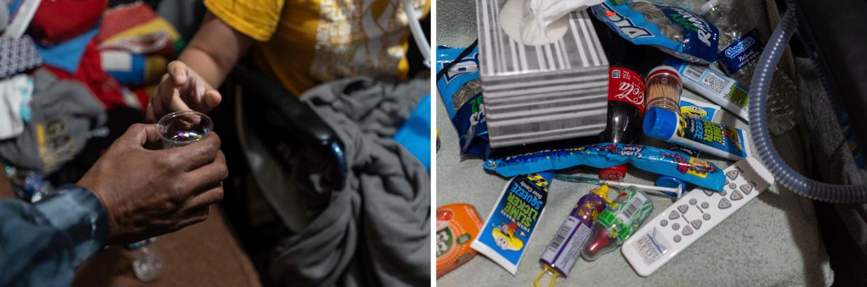 LEFT: Tim Hawthorne hands a cup holding several pills to his son Trae, 15, of Gaylord, on Wednesday, March 27, 2024. RIGHT: A pile of candy, snacks and medicine sit on a chair next to Trae.