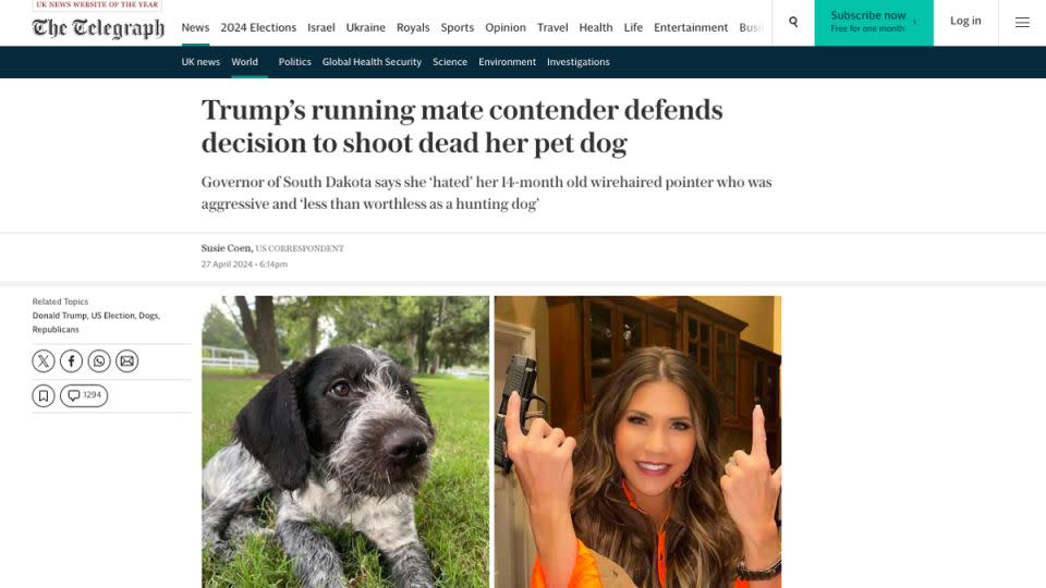 This screengrab shows a story from The Telegraph about Noem defending her decision to kill her dog. The story shows a photo of Reddit user LukeWarm273's dog, Blue, next to Noem. - From the Telegraph