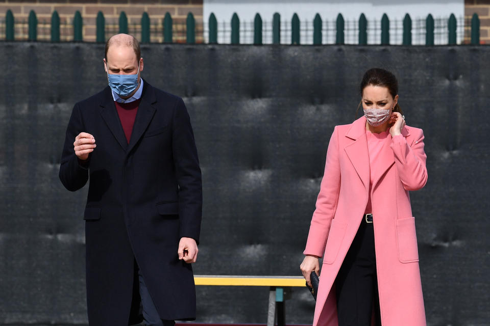 LONDON, ENGLAND - MARCH 11: Prince William, Duke of Cambridge and Catherine, Duchess of Cambridge visit School 21 in Stratford on March 11, 2021 in London, England. The Duke and Duchess of Cambridge visited the school in east London to congratulate teachers involved in the re-opening of the school following lockdown restrictions. (Photo by Justin Tallis - WPA Pool/Getty Images)