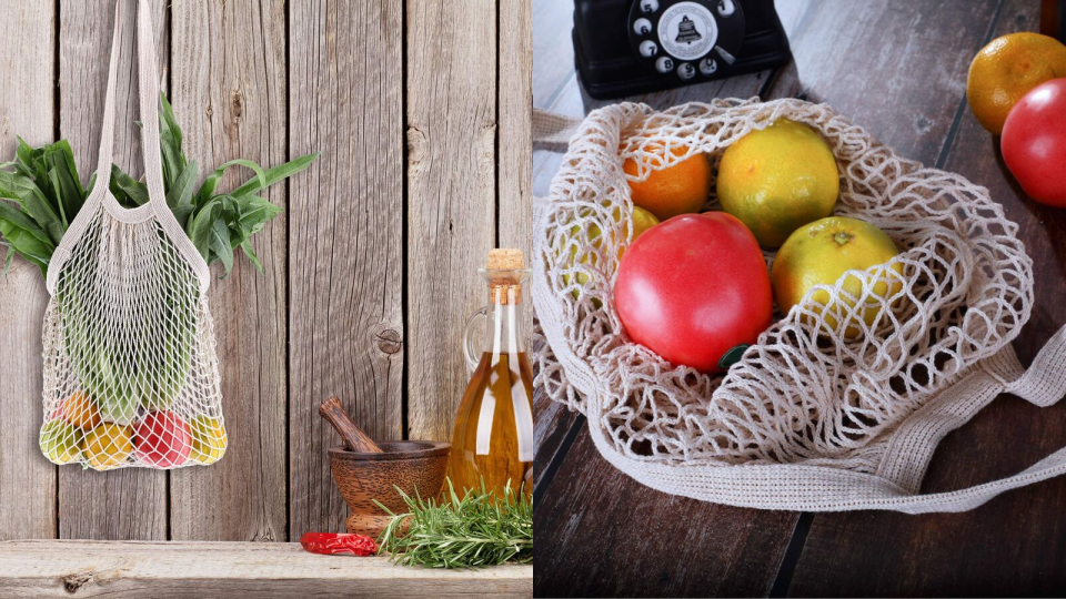 ThIS organic cotton mesh bag holds up to a few pounds of fruits and vegetables.