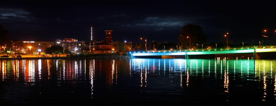 The Ray Nitschke Memorial Bridge displays rainbow lights to celebrate Pride Month on June 1 in Green Bay.