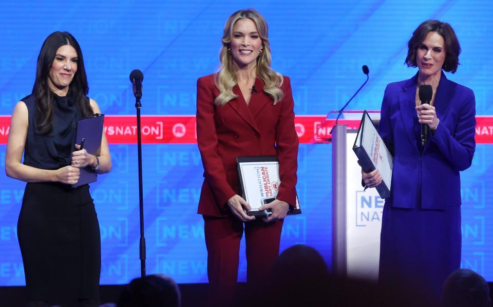 Debate moderators Eliana Johnson, Megyn Kelly and Elizabeth Vargas take to the stage