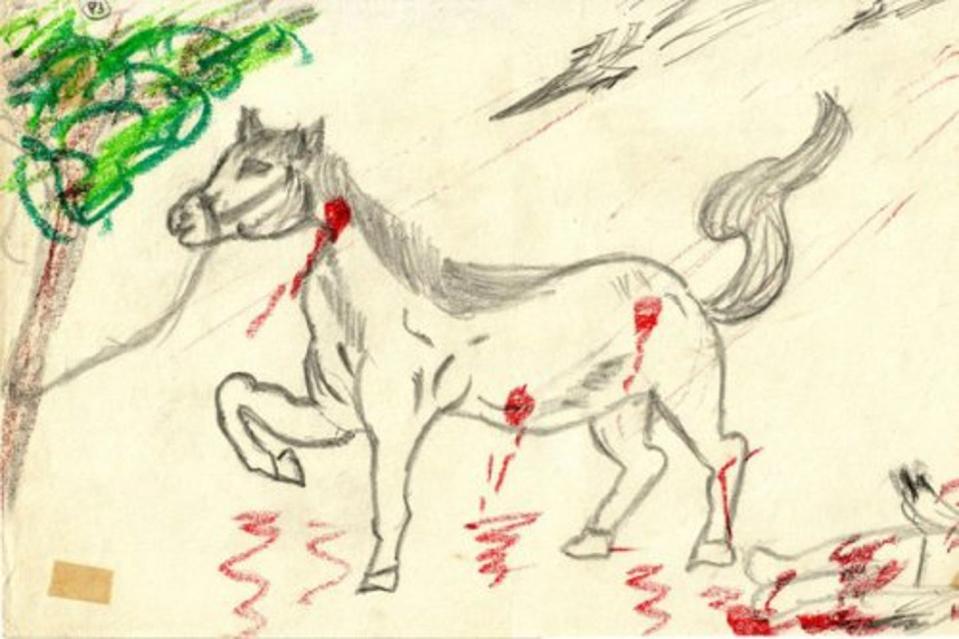 <span class="caption">‘I am a child of my village,’ the 14-year-old Laotian artist wrote. ‘I once saw a horse of great size and goodness. A man had ridden to the rice field and was hit by the airplanes. Only the horse ran back to the village.’</span> <span class="attribution"><span class="source">Legacies of War.</span>, <a class="link " href="http://creativecommons.org/licenses/by-nd/4.0/" rel="nofollow noopener" target="_blank" data-ylk="slk:CC BY-ND;elm:context_link;itc:0;sec:content-canvas">CC BY-ND</a></span>