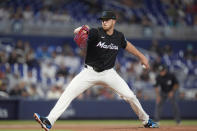 Miami Marlins' Trevor Rogers delivers a pitch during the first inning of a baseball game against the Philadelphia Phillies, Friday, May 10, 2024, in Miami. (AP Photo/Wilfredo Lee)